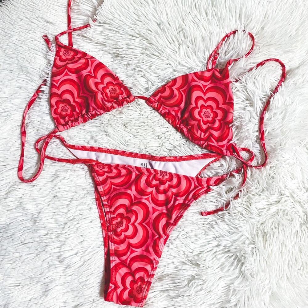 SHEIN • Red Floral String Bikini w/ Matching Sarong Wrap Coverup